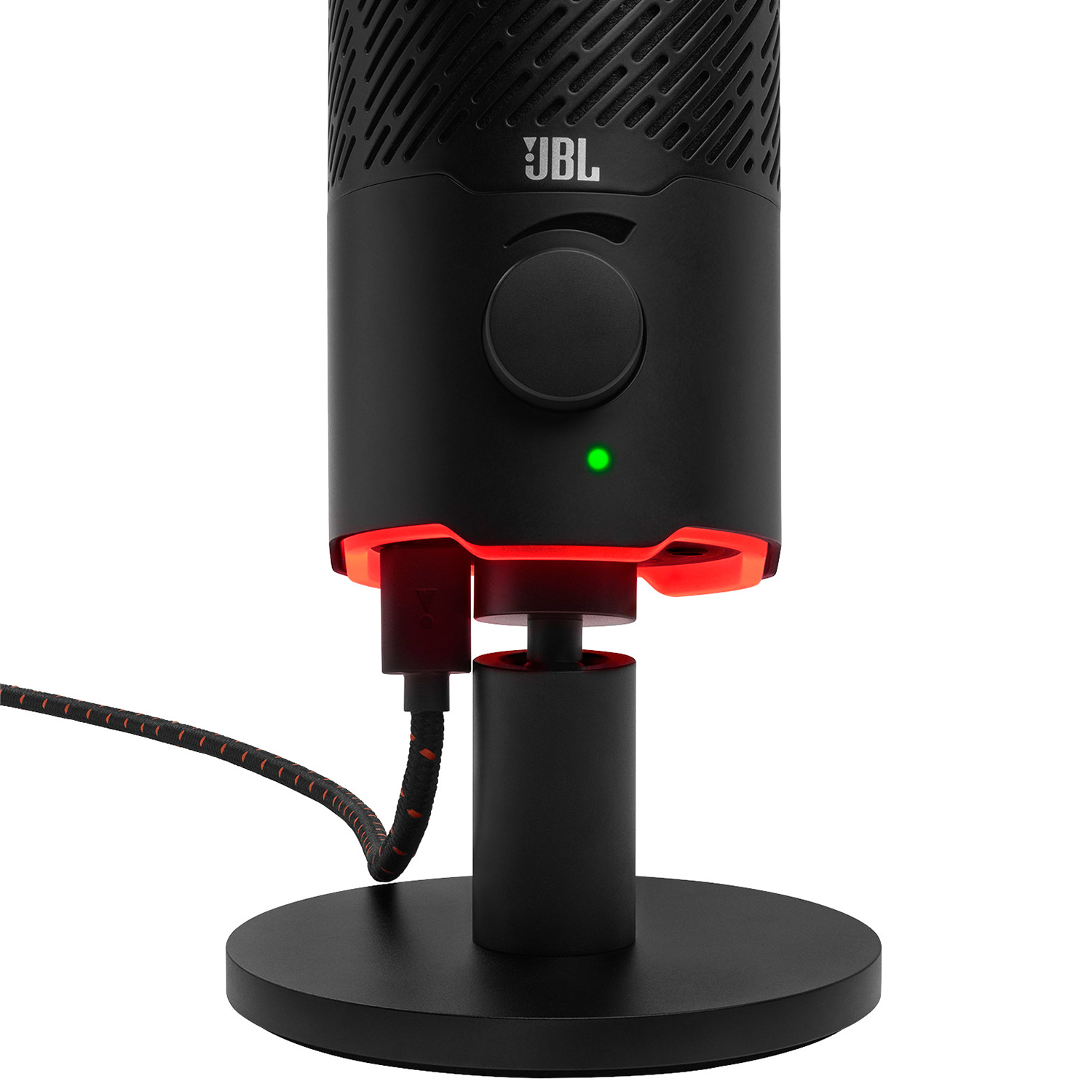 Microfono JBL nero con luce rossa e supporto, collegato tramite cavo USB.