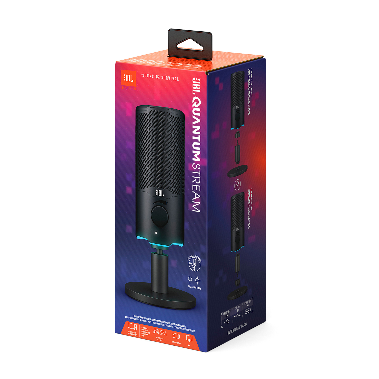 Microfono in una scatola con supporto, con il marchio 'JBL' visibile.