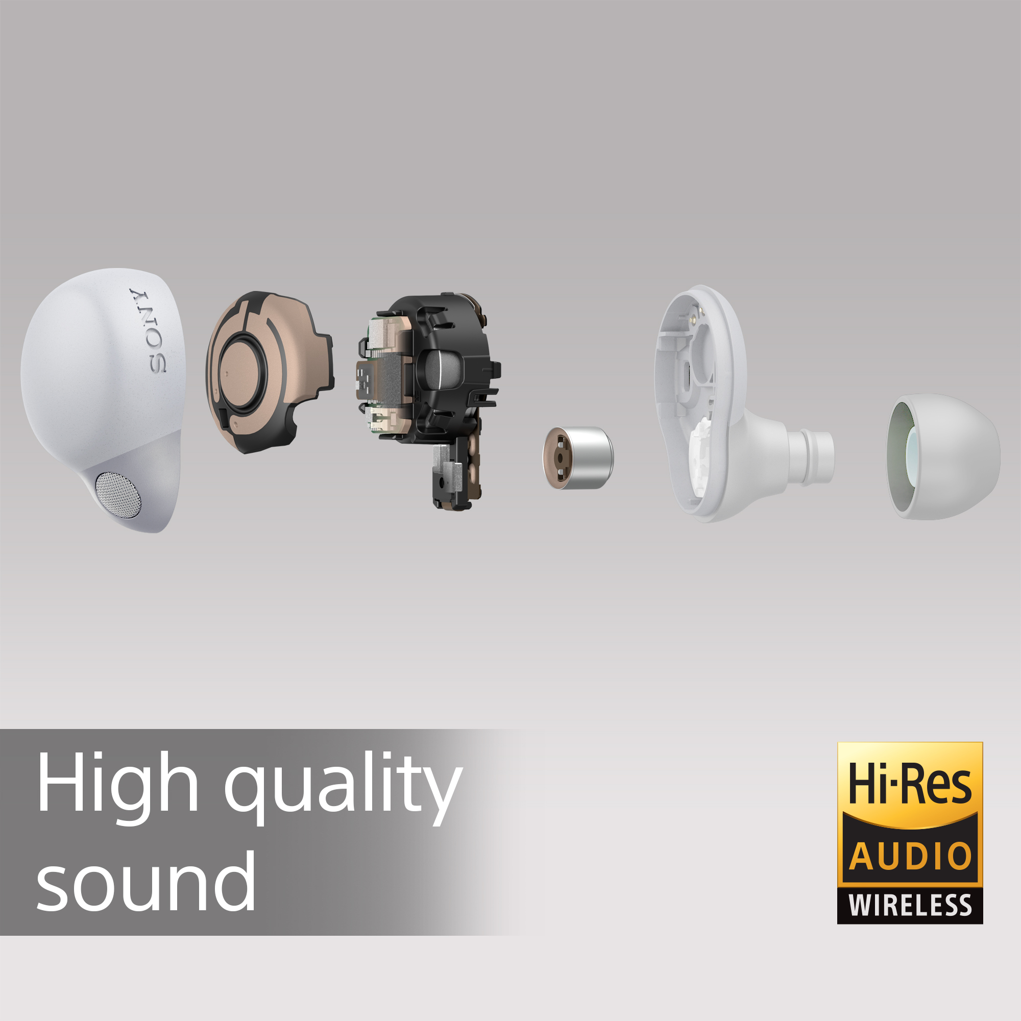 Explodierte Ansicht eines weißen Ohrhörers mit angezeigten Komponenten. Text 'High quality sound' und Hi-Res Audio Logo.