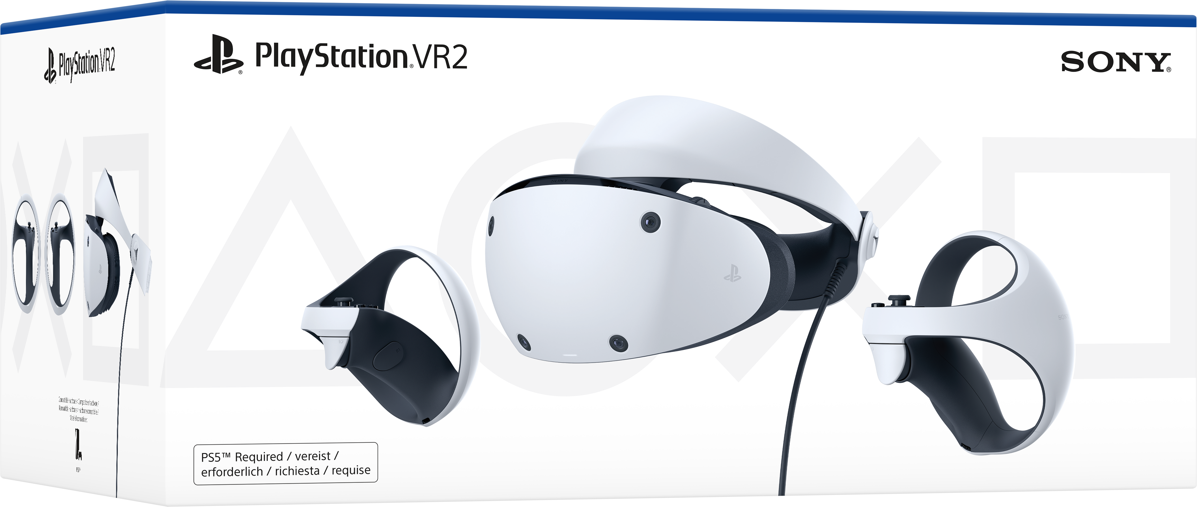 PlayStation VR2 Box mit Headset und Controllern, weiß auf weißem Hintergrund.