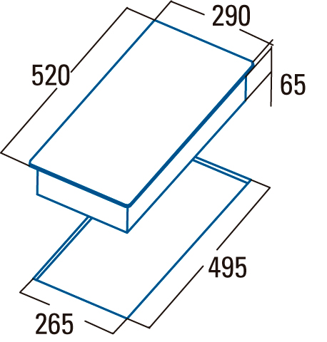 Egy téglalap alakú objektum diagramja, méretekkel milliméterben. Kék vonalak és szöveg fehér háttéren.