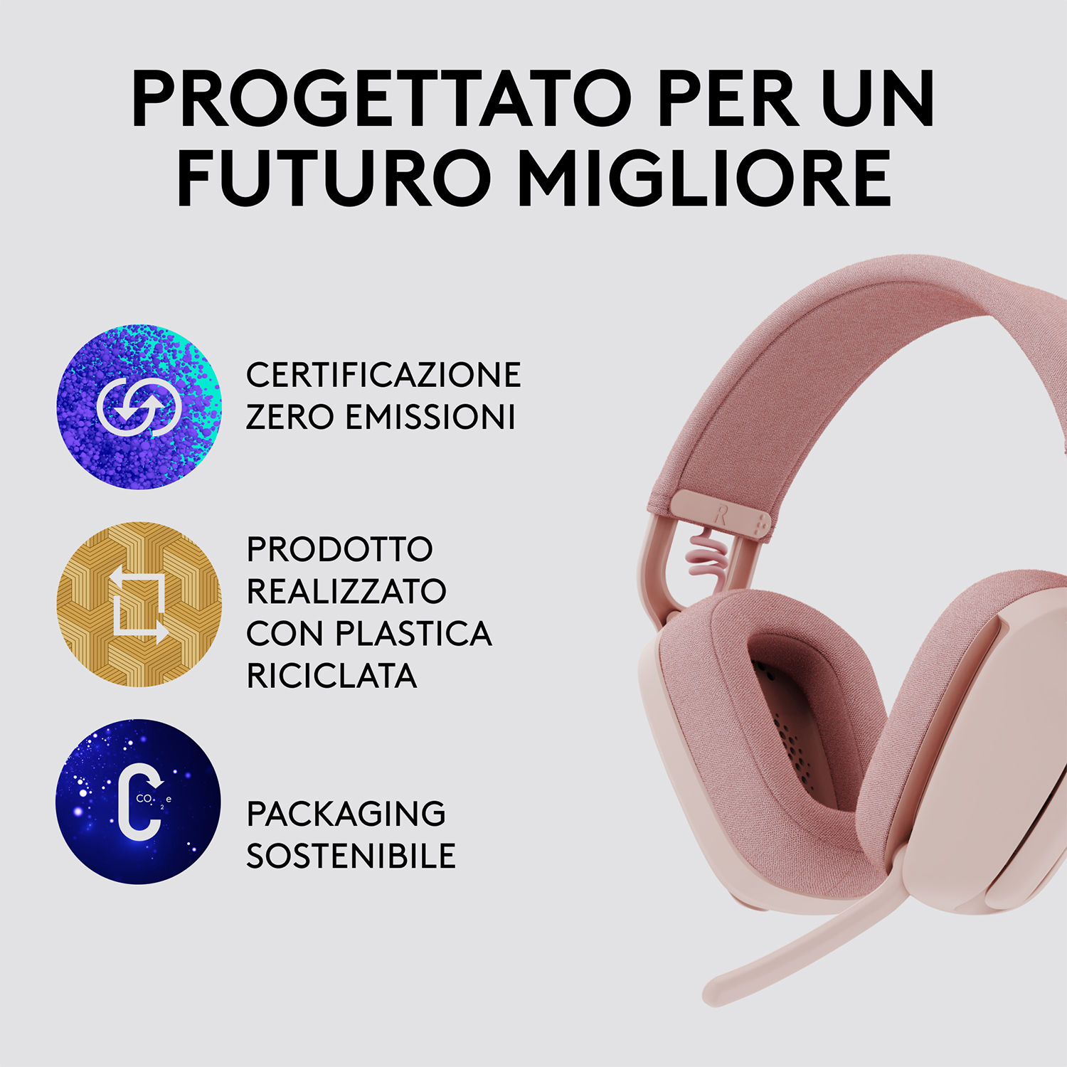 Cuffie rosa con testo in italiano, che promuovono zero emissioni, materiali riciclati e packaging sostenibile.