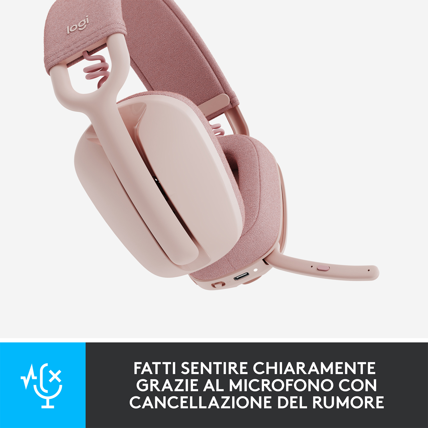 Cuffie rosa con microfono e testo: Fatti sentire chiaramente.