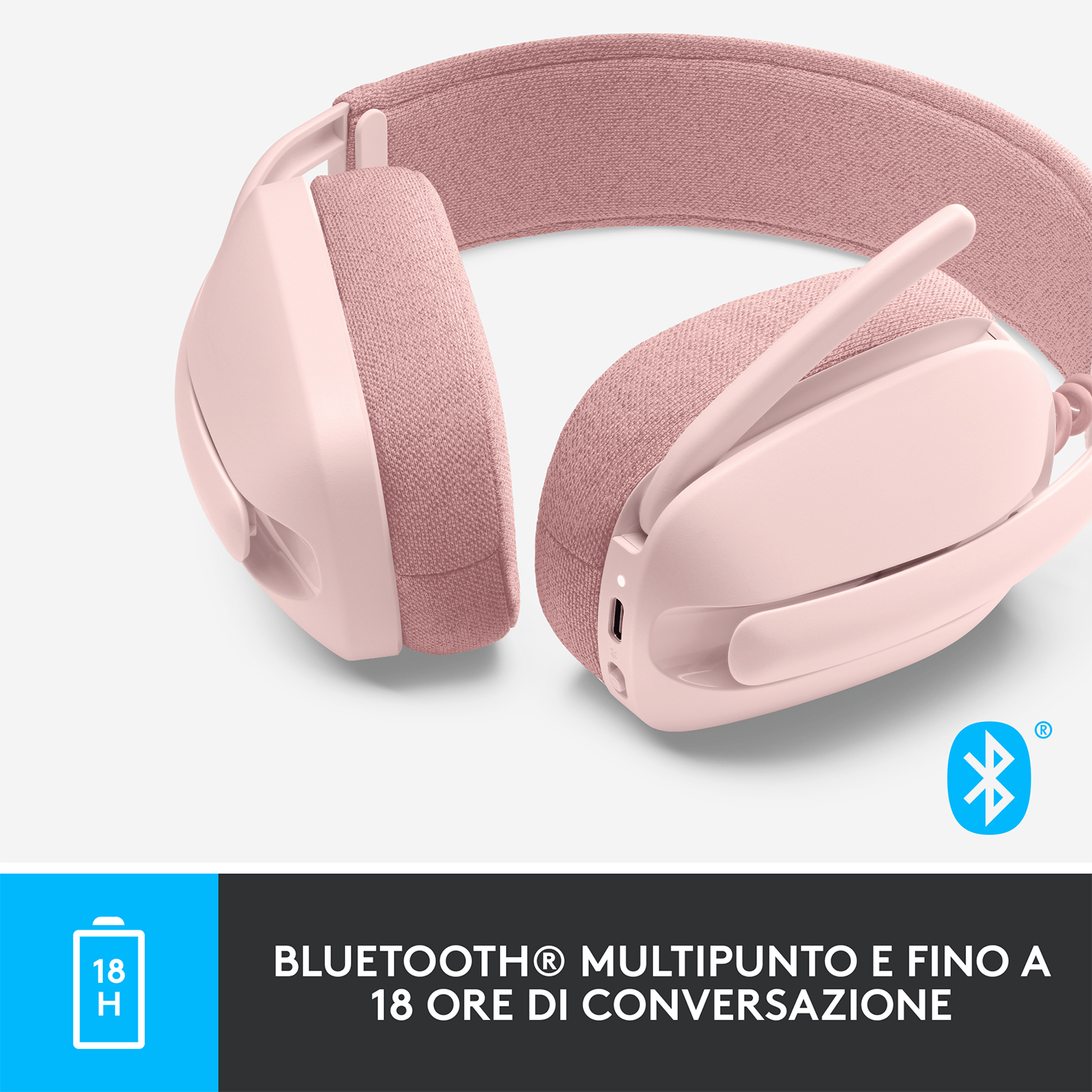 Cuffie rosa con testo e un'icona Bluetooth.