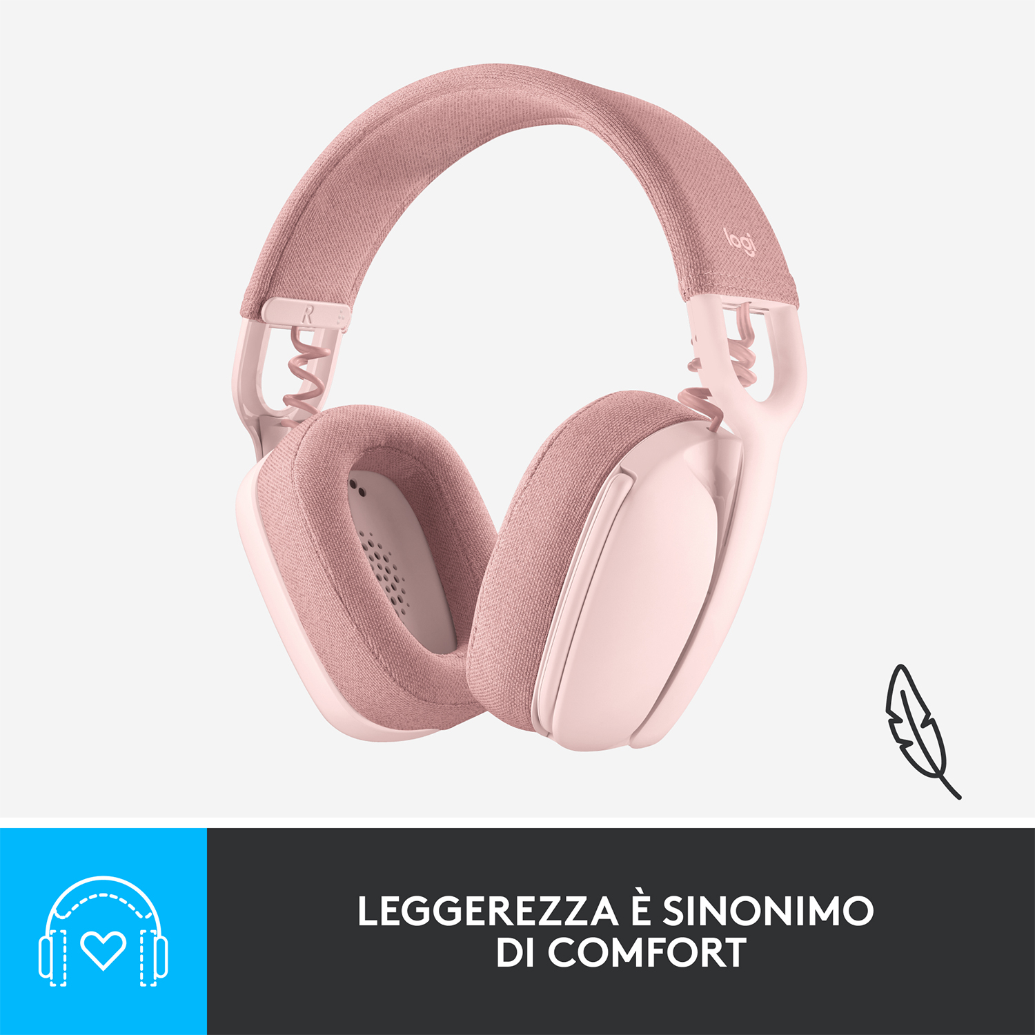 Cuffie Logitech rosa con fascia e cuscinetti morbidi. È presente una piccola icona a forma di piuma.