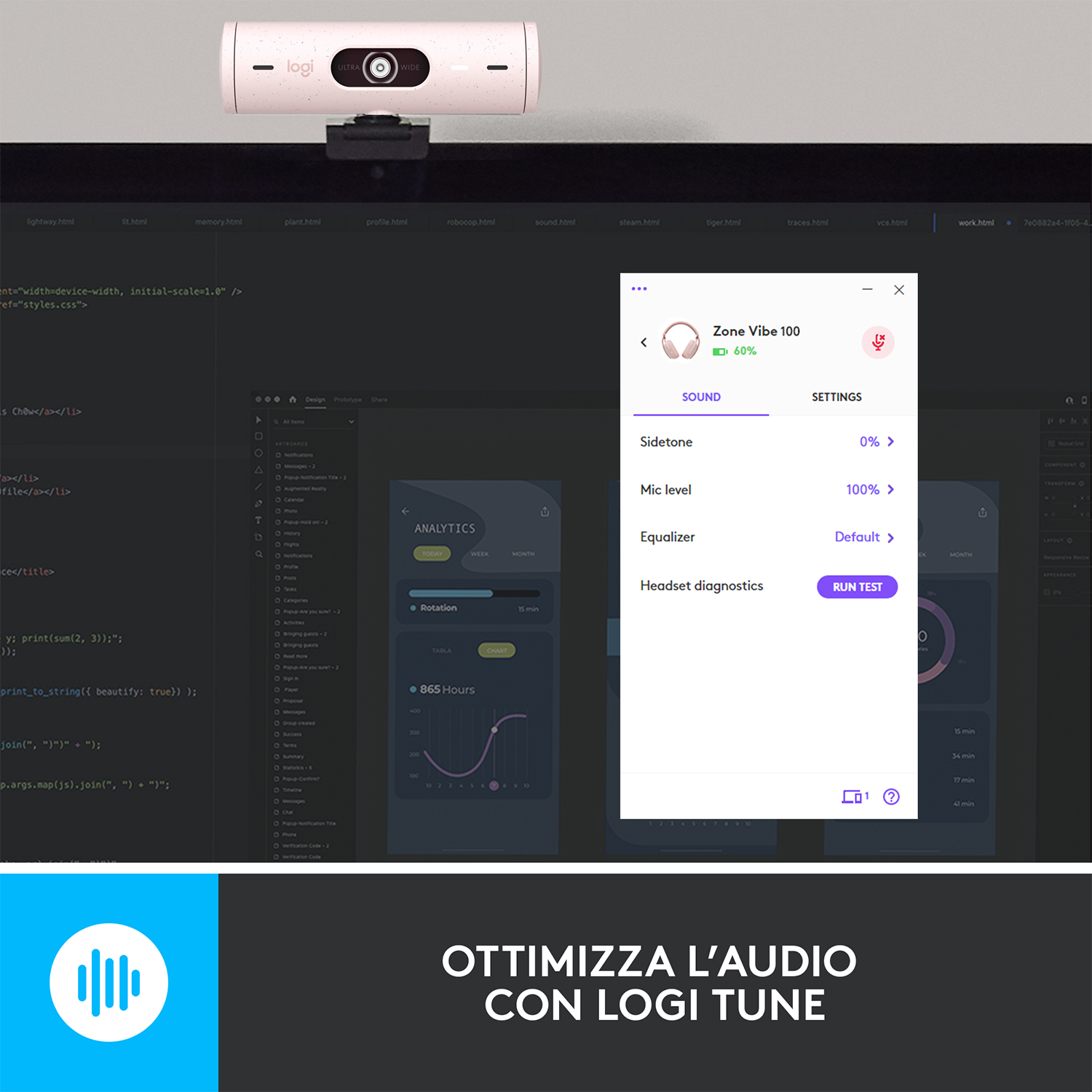 Una webcam sopra un laptop, che mostra un'interfaccia software con impostazioni audio e analisi.