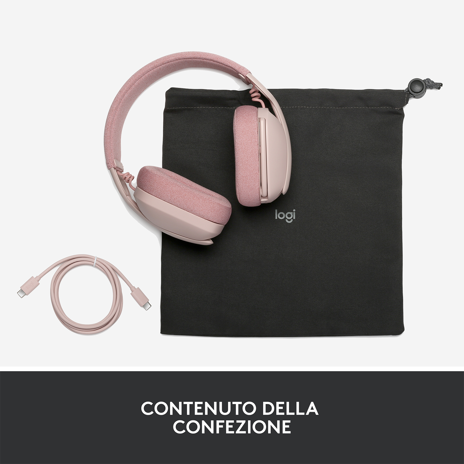 Cuffie Logitech rosa, cavo di ricarica e borsa nera, su superficie bianca.