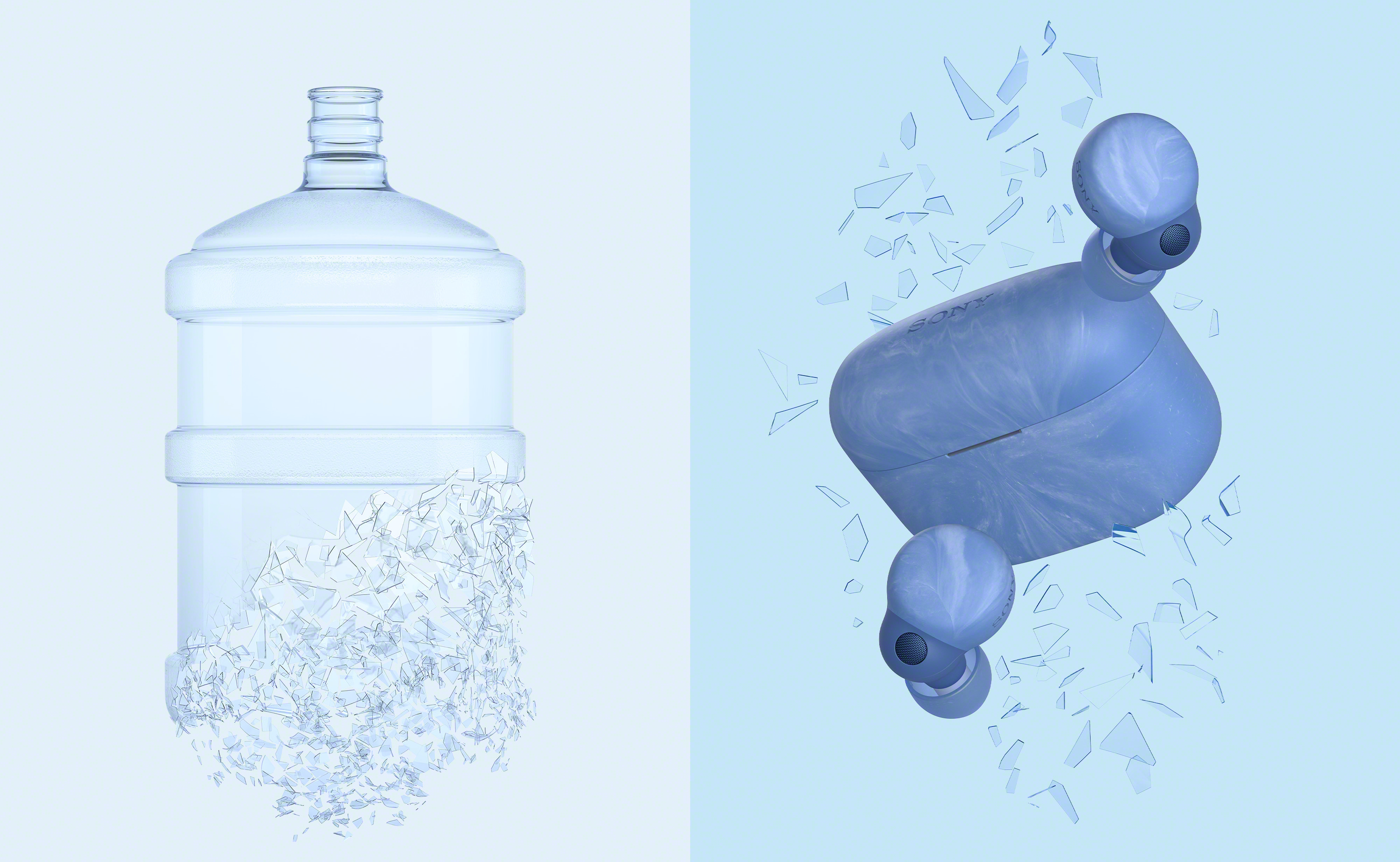 Zerberstende Wasserflasche neben blauen Ohrhörern mit Hülle.