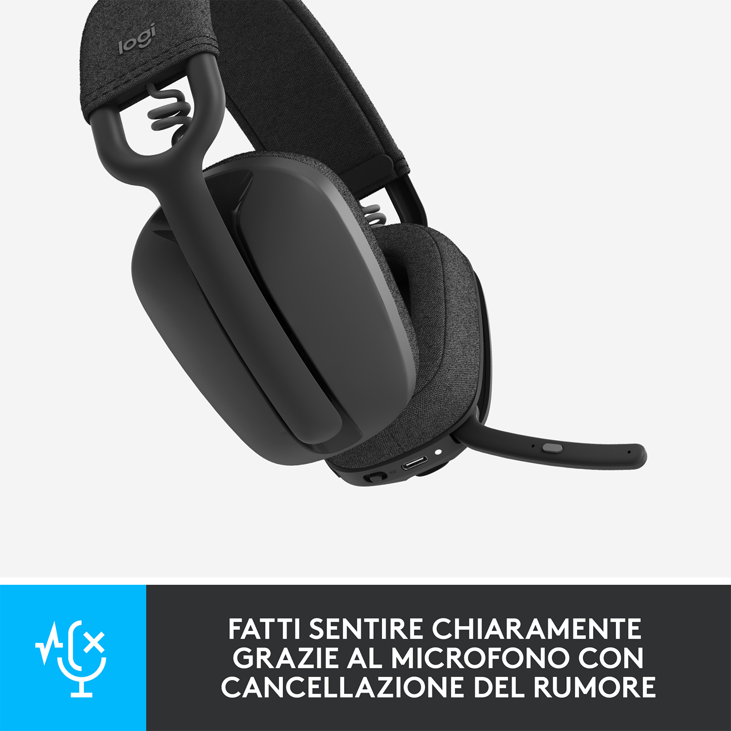 Una cuffia Logitech nera con microfono, con testo sulla cancellazione del rumore.