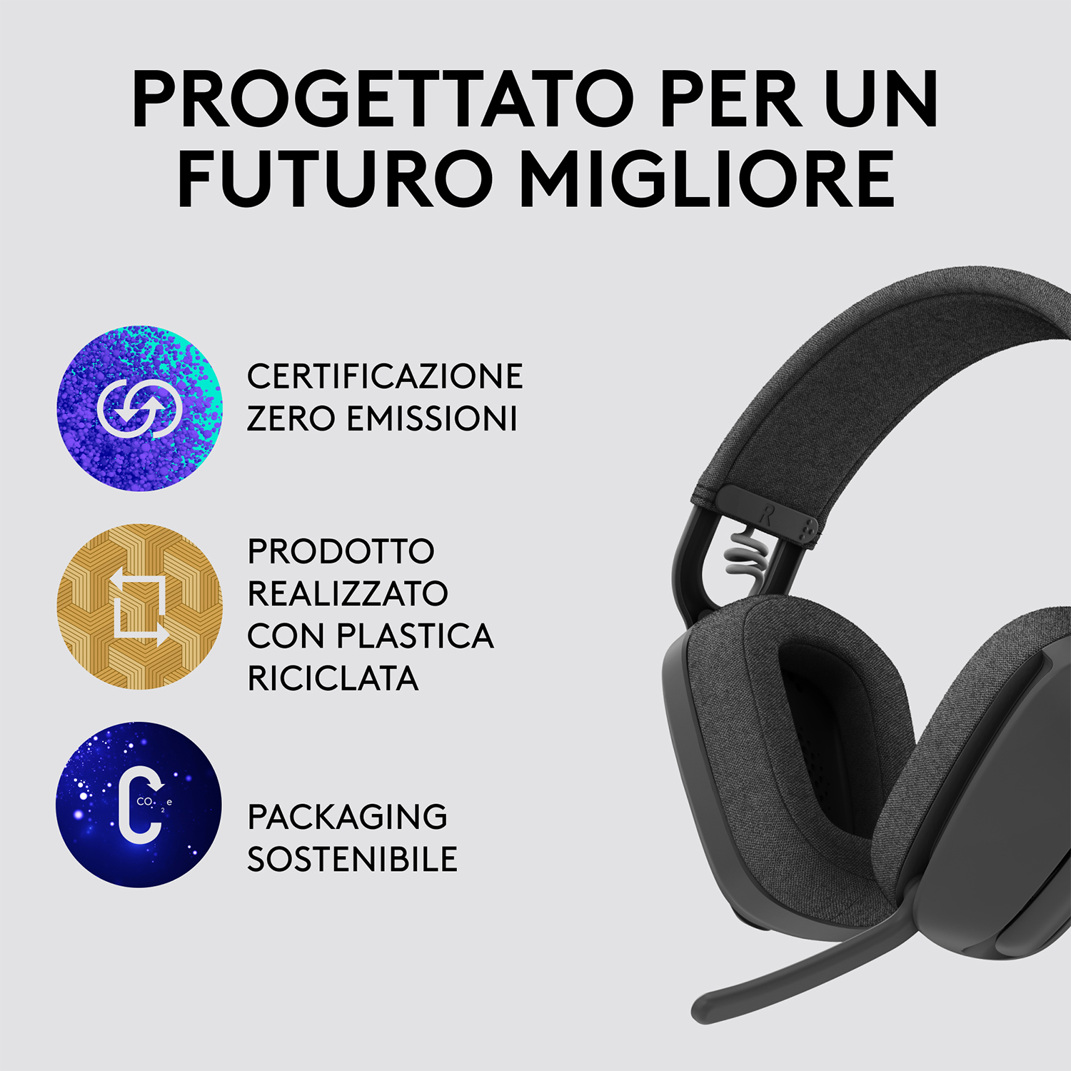 Cuffie nere, icone di sostenibilità visibili.