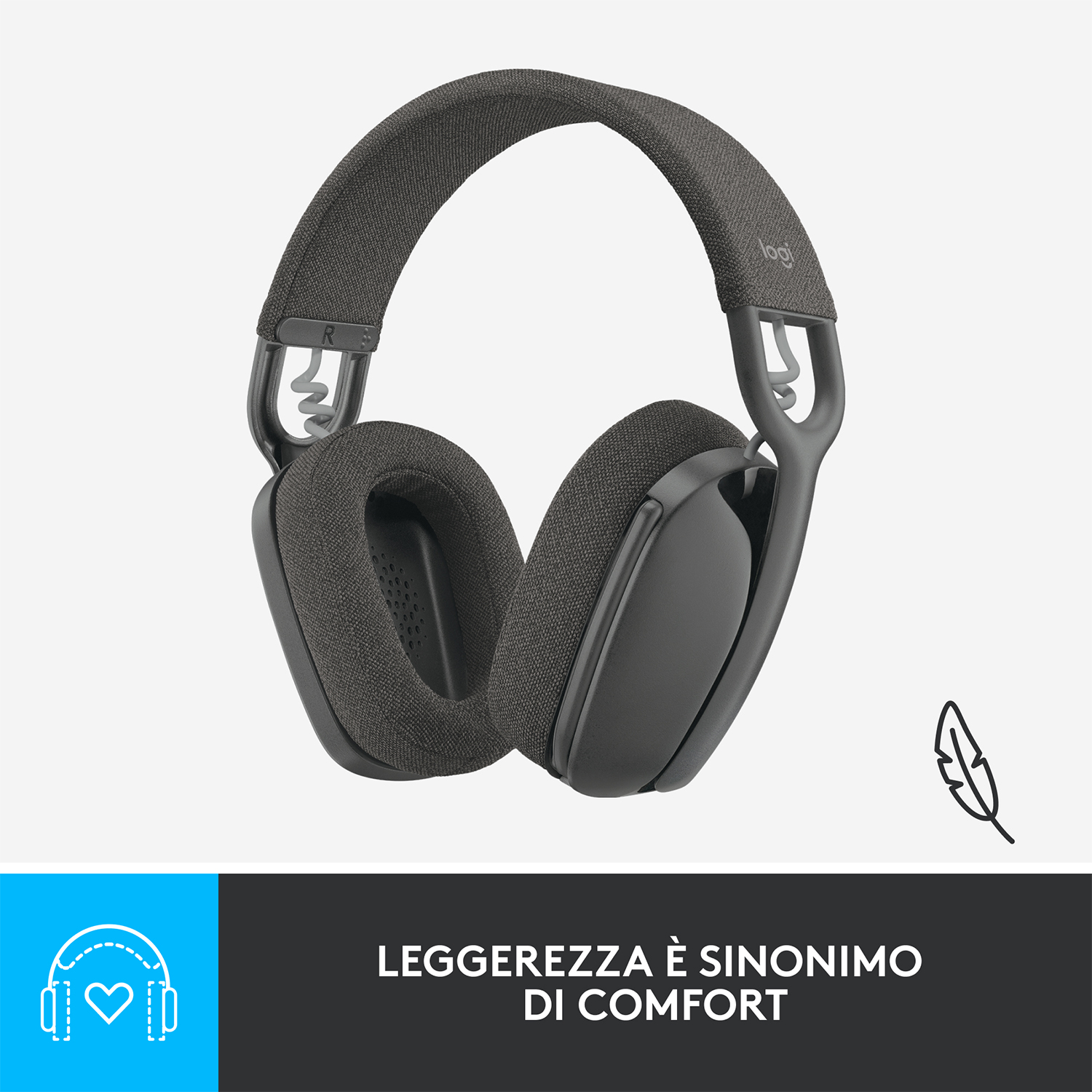 Cuffie grigie con fascia e padiglioni neri, testo in basso.