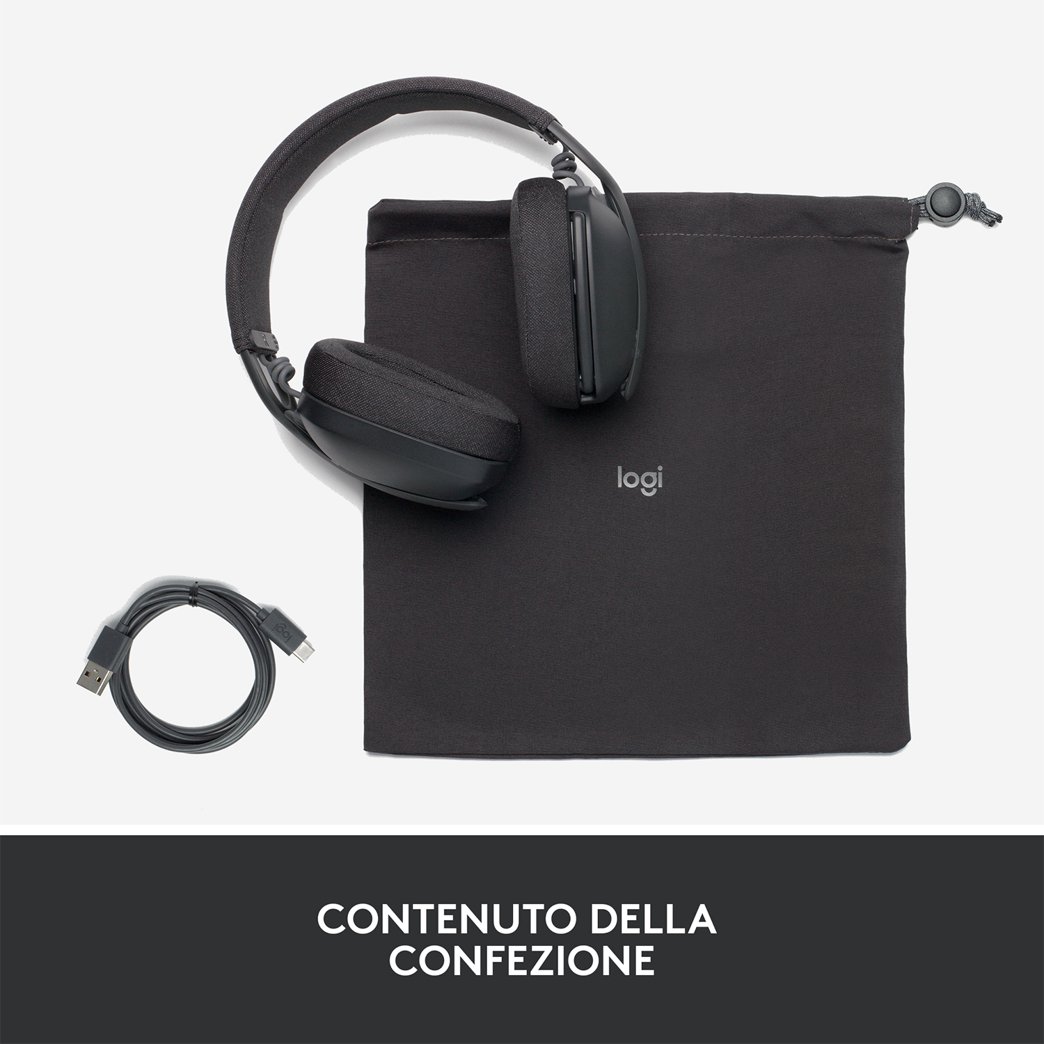 Cuffie nere, cavo di ricarica e custodia nera. Il logo 'logi' è sulla custodia.
