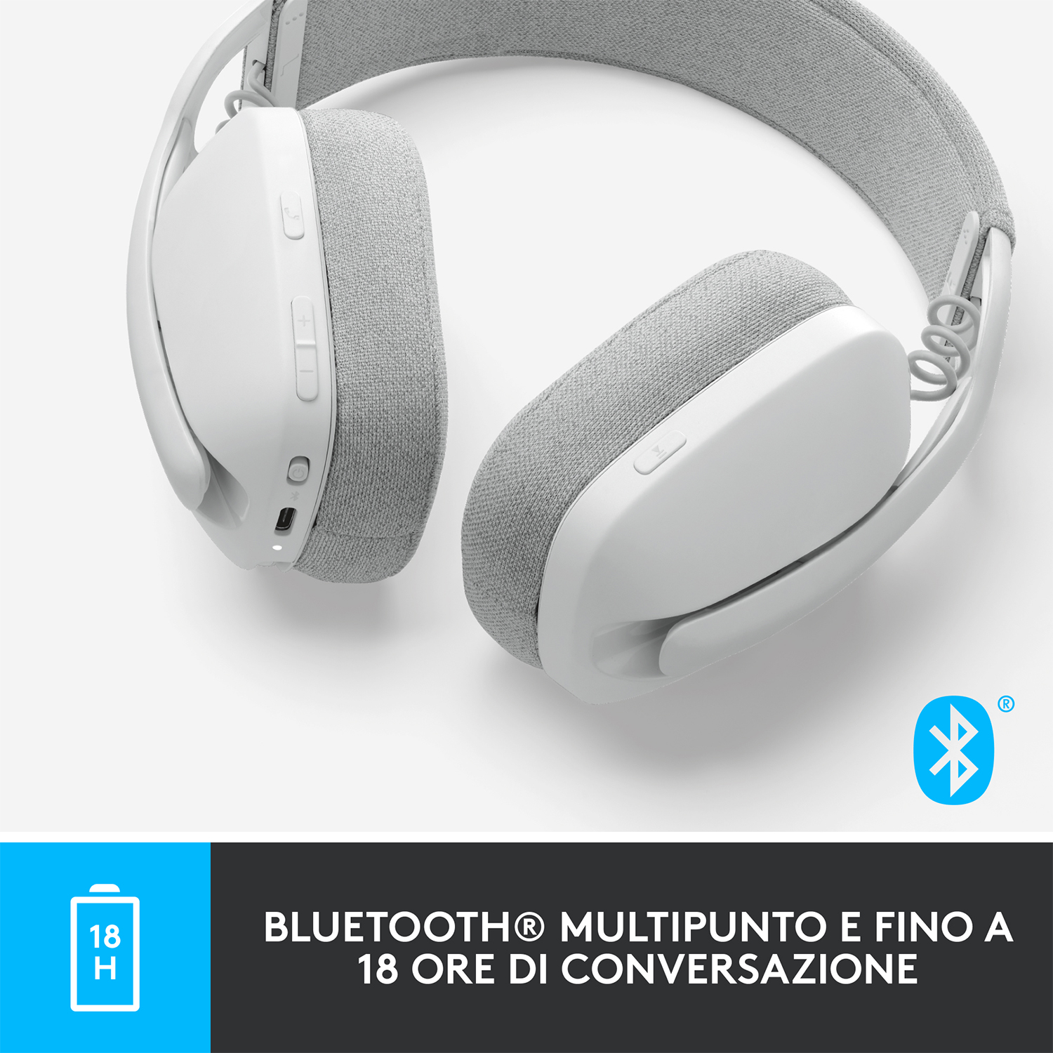 Cuffie bianche con archetto grigio. Il logo Bluetooth è visibile, e testo in basso.