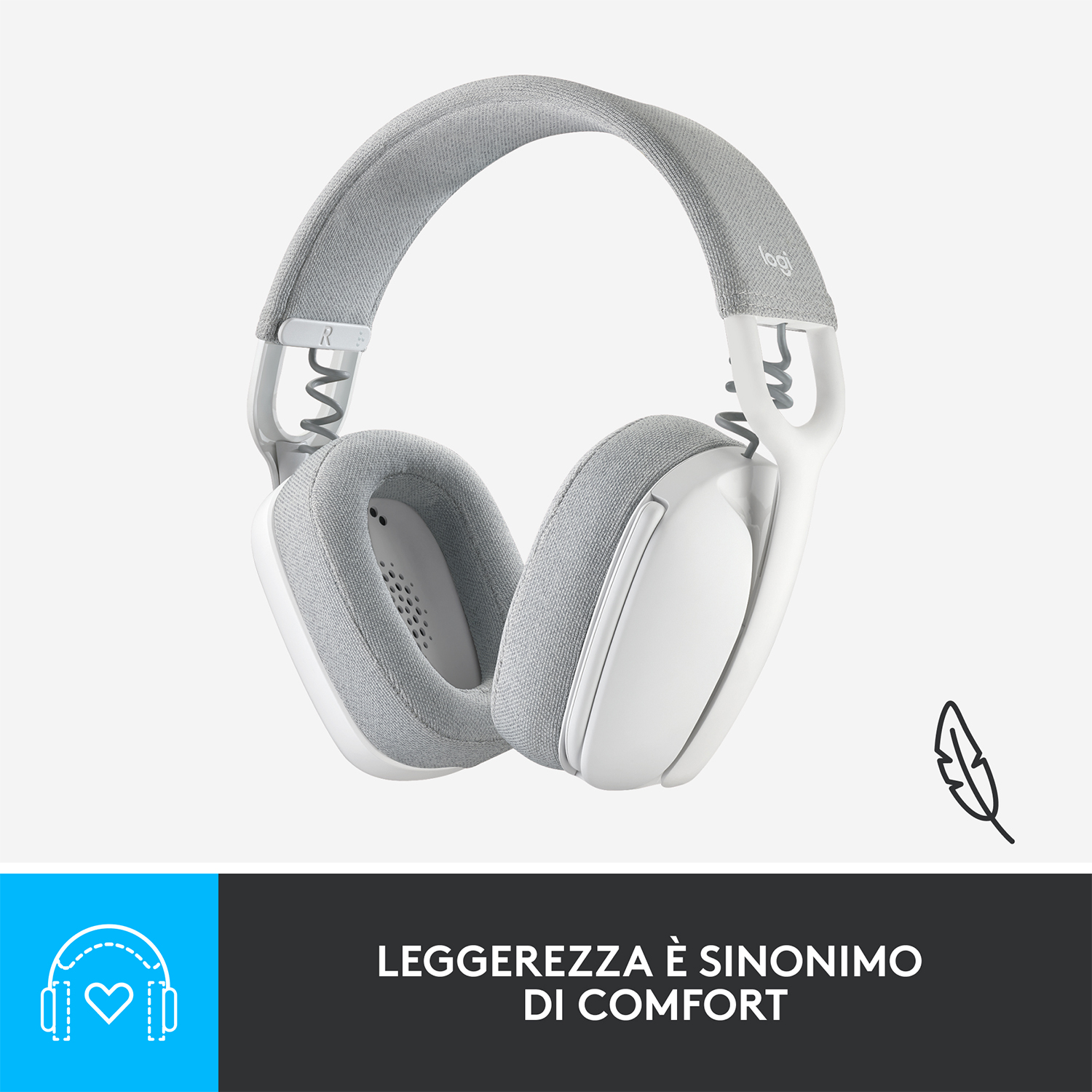 Cuffie bianche e grigie con icona a forma di piuma e testo italiano.