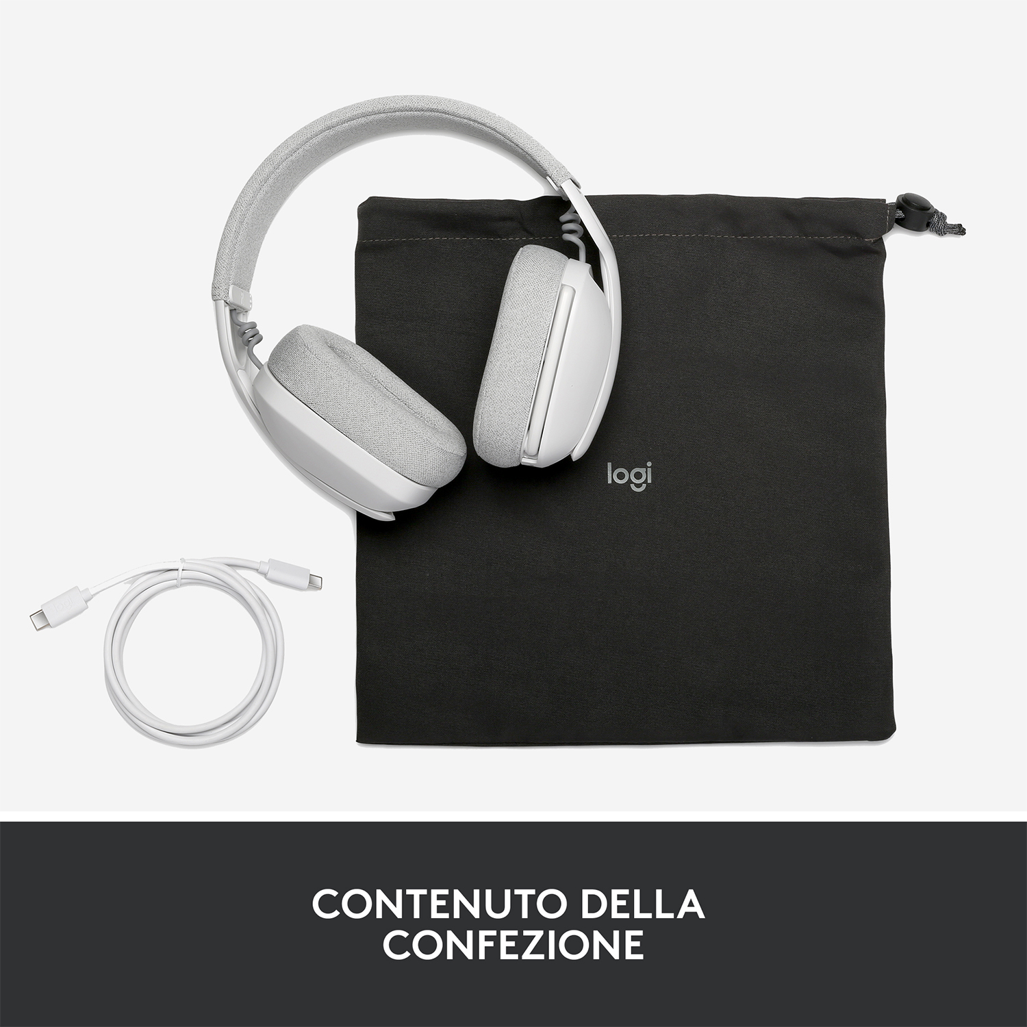 Cuffie bianche, borsa nera, cavo bianco. Testo: Contenuto della confezione.