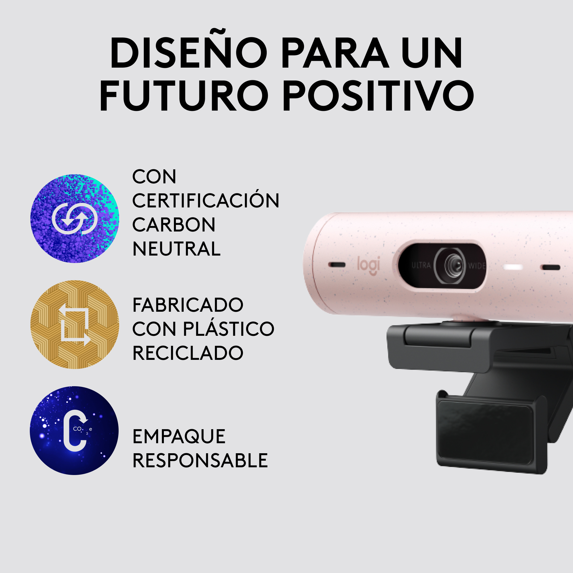 Una webcam rosa con texto: Diseño para un futuro positivo. Logotipos y texto sobre sostenibilidad.