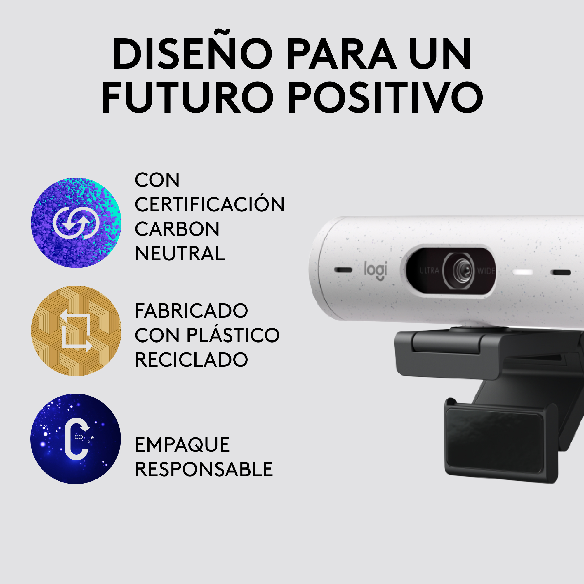 Cámara web con iconos informativos y texto sobre neutralidad de carbono y plástico reciclado.
