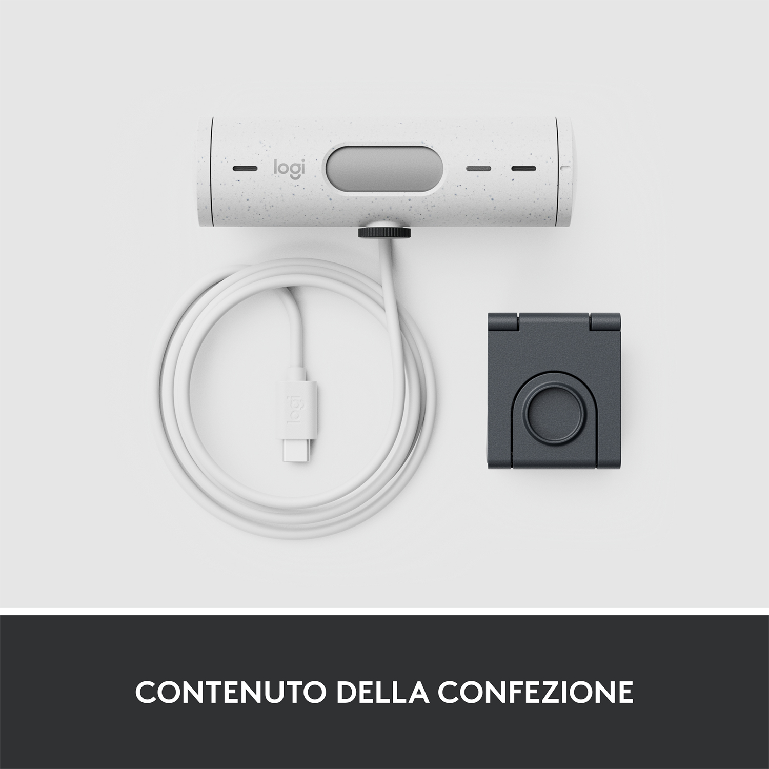 Configurazione luce video Logi: una barra luminosa bianca, un supporto nero e un cavo bianco.