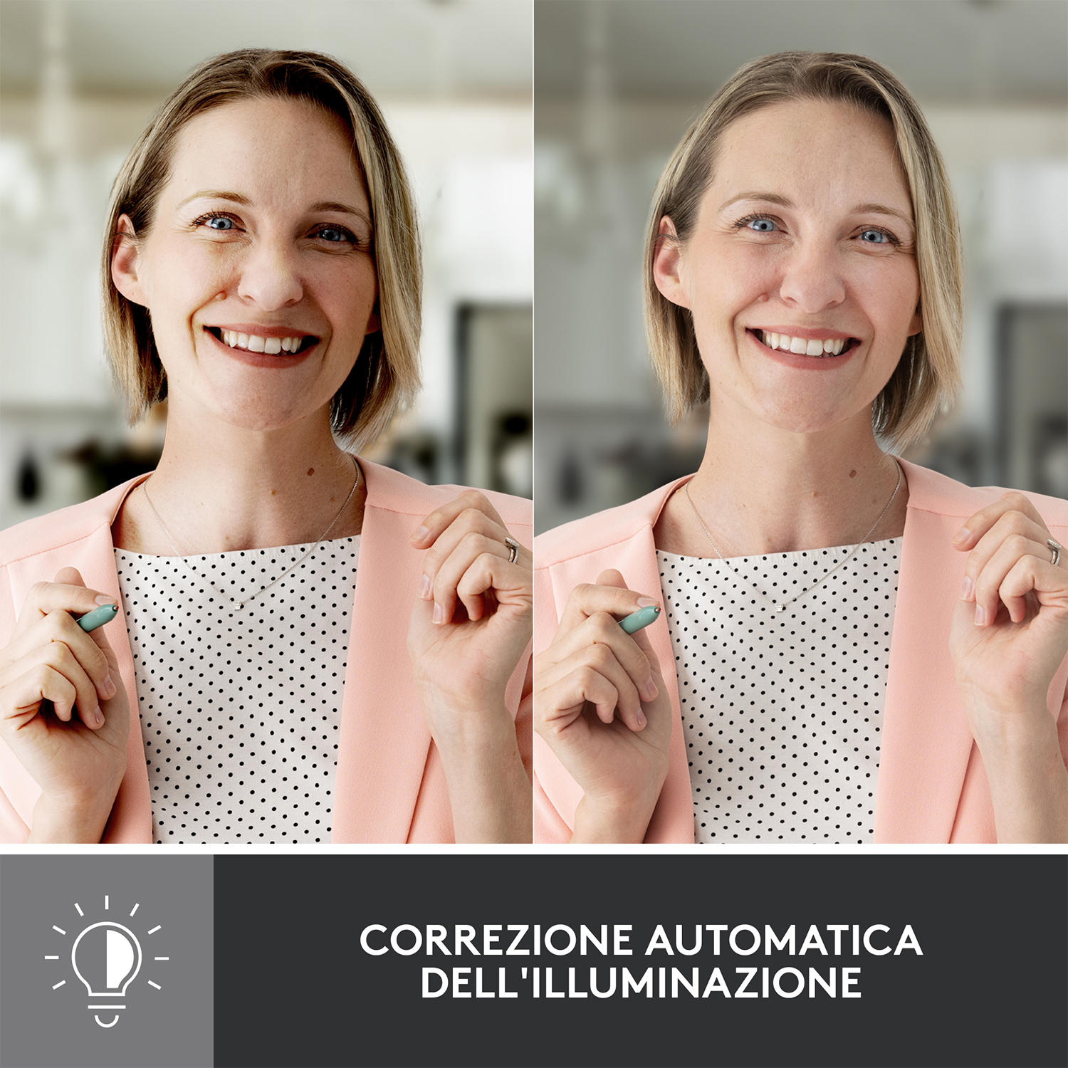 Due immagini di una donna. L'immagine a destra è più luminosa, con correzione automatica dell'illuminazione.