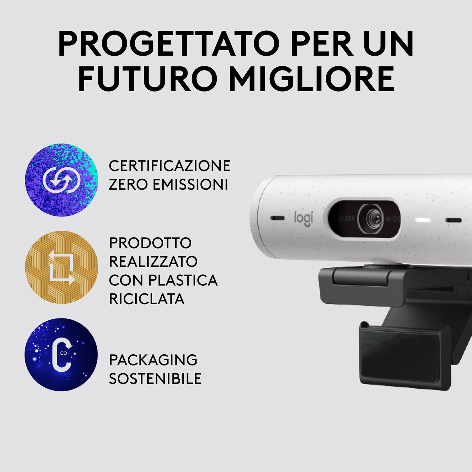 Webcam e icone di sostenibilità, che promuovono un impegno per un futuro migliore.