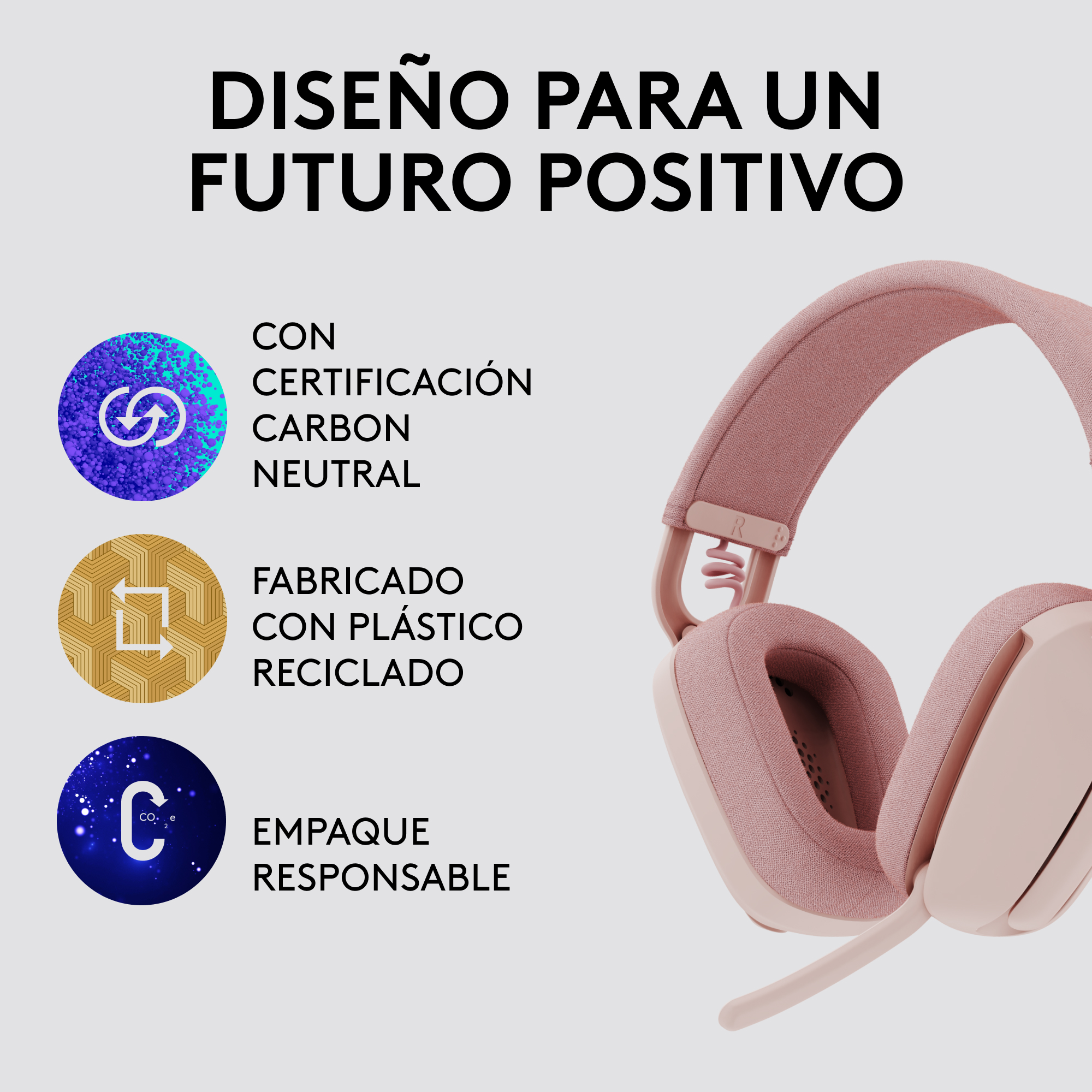 Auriculares rosas con texto en español, promoviendo neutralidad de carbono, plástico reciclado y embalaje responsable.