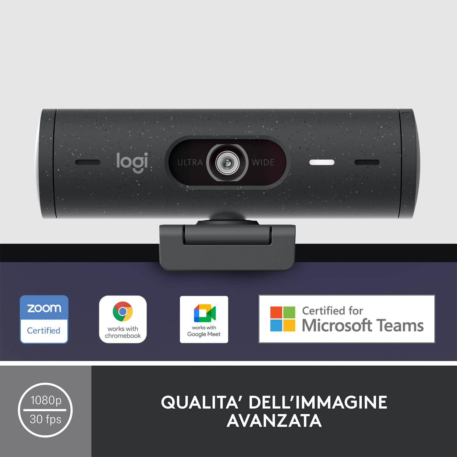 Webcam nera con logo, pulsanti e certificazioni. Sotto, uno schermo.