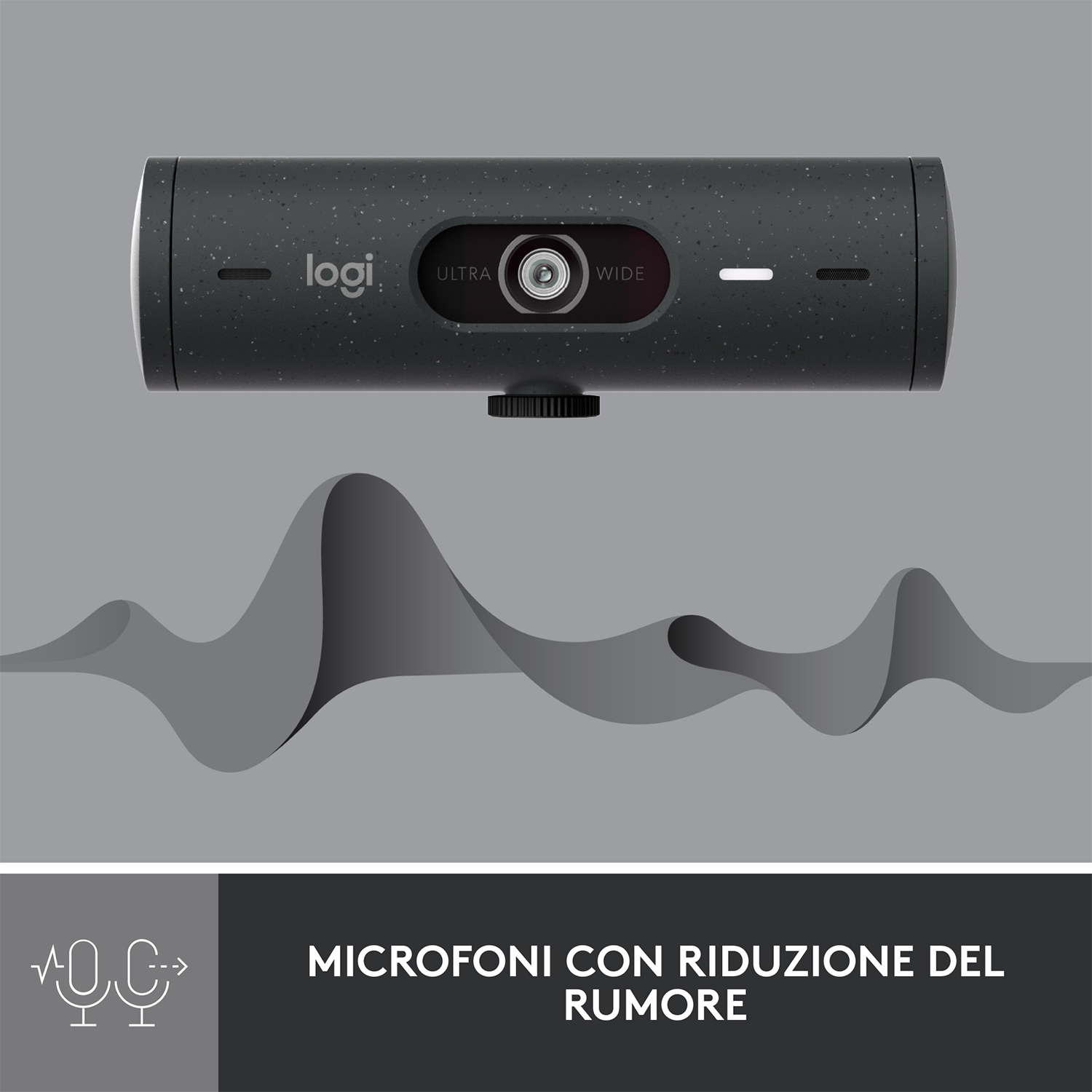 Una webcam nera con una grafica di microfono e il testo 'MICROFONI CON RIDUZIONE DEL RUMORE'.