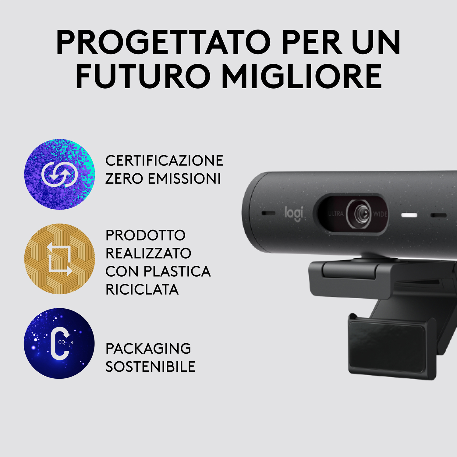 Una webcam con testo su zero emissioni, plastica riciclata e imballaggio sostenibile.