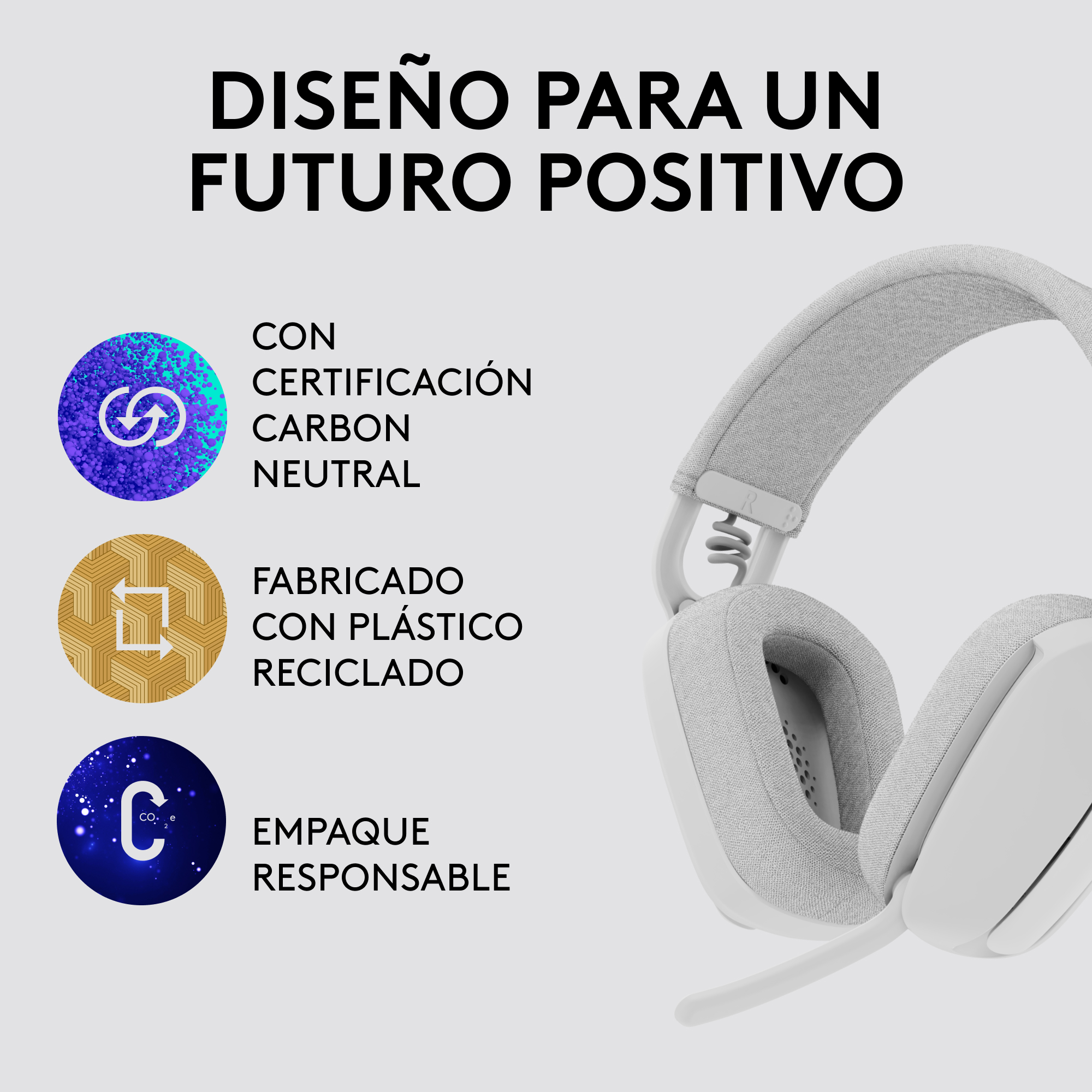 Auriculares blancos y grises con texto sobre sostenibilidad.