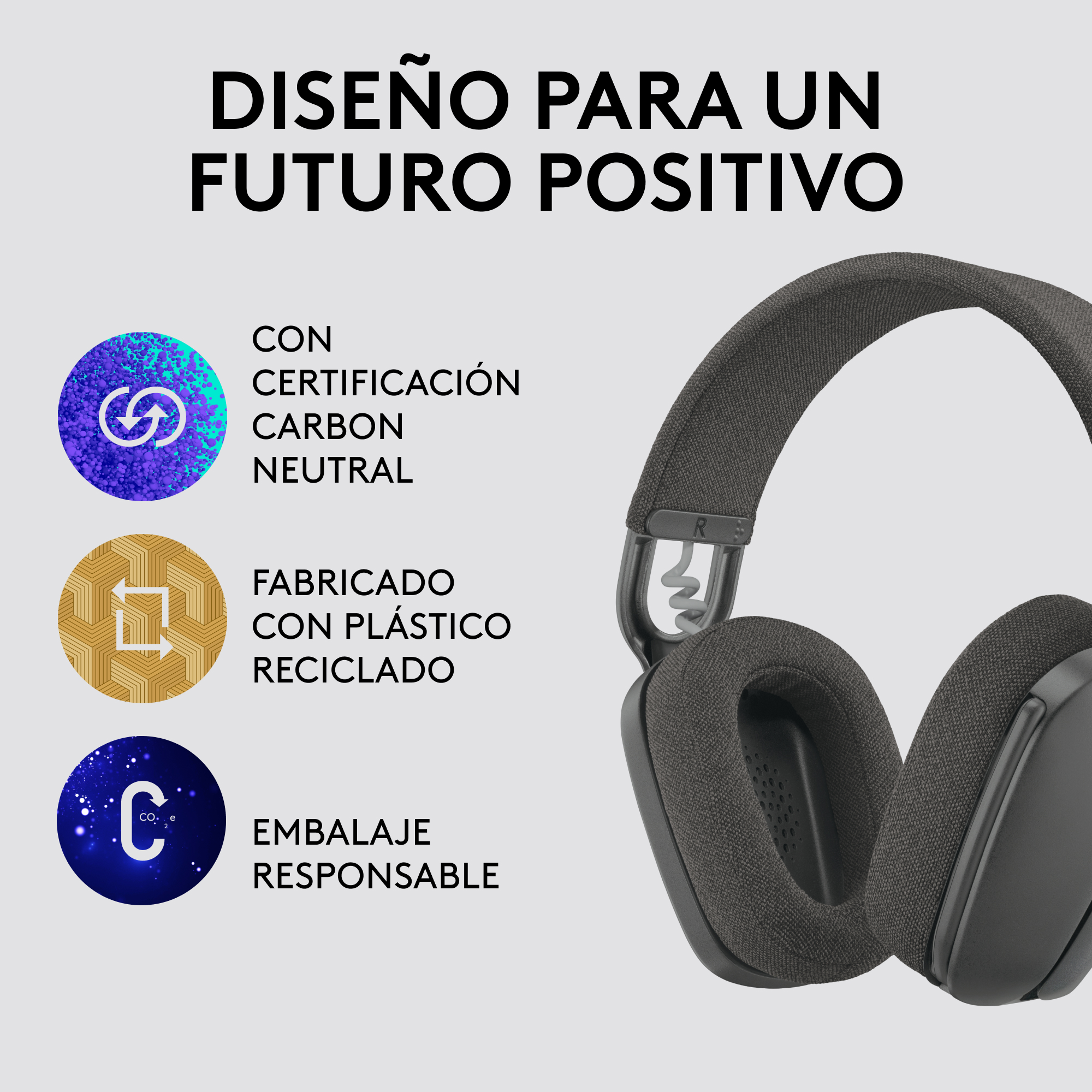Auriculares con texto sobre sostenibilidad. Combinación de colores negro y gris. Fondo blanco.