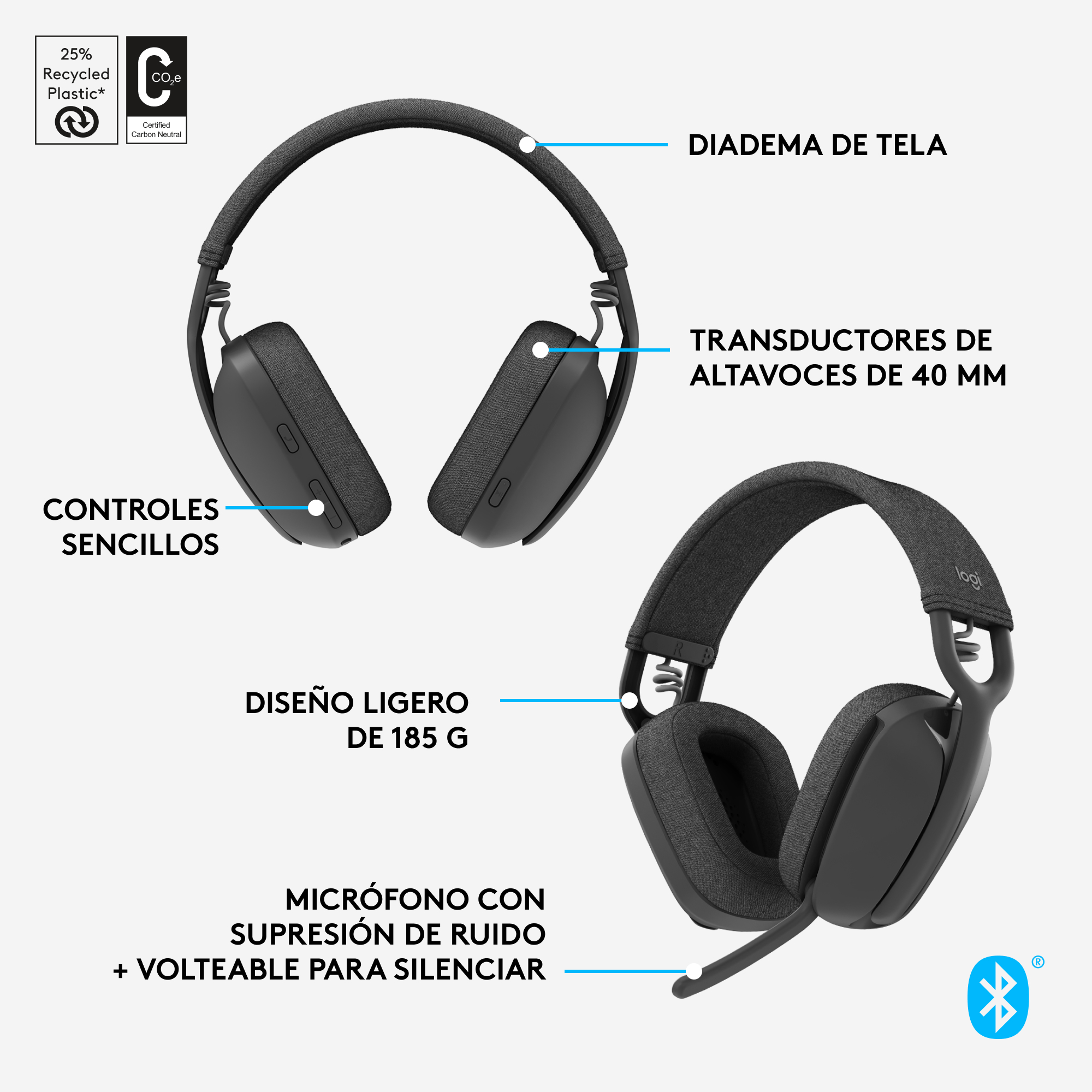 Auriculares negros con etiquetas. Diadema, auriculares y micrófono. Símbolo Bluetooth visible.
