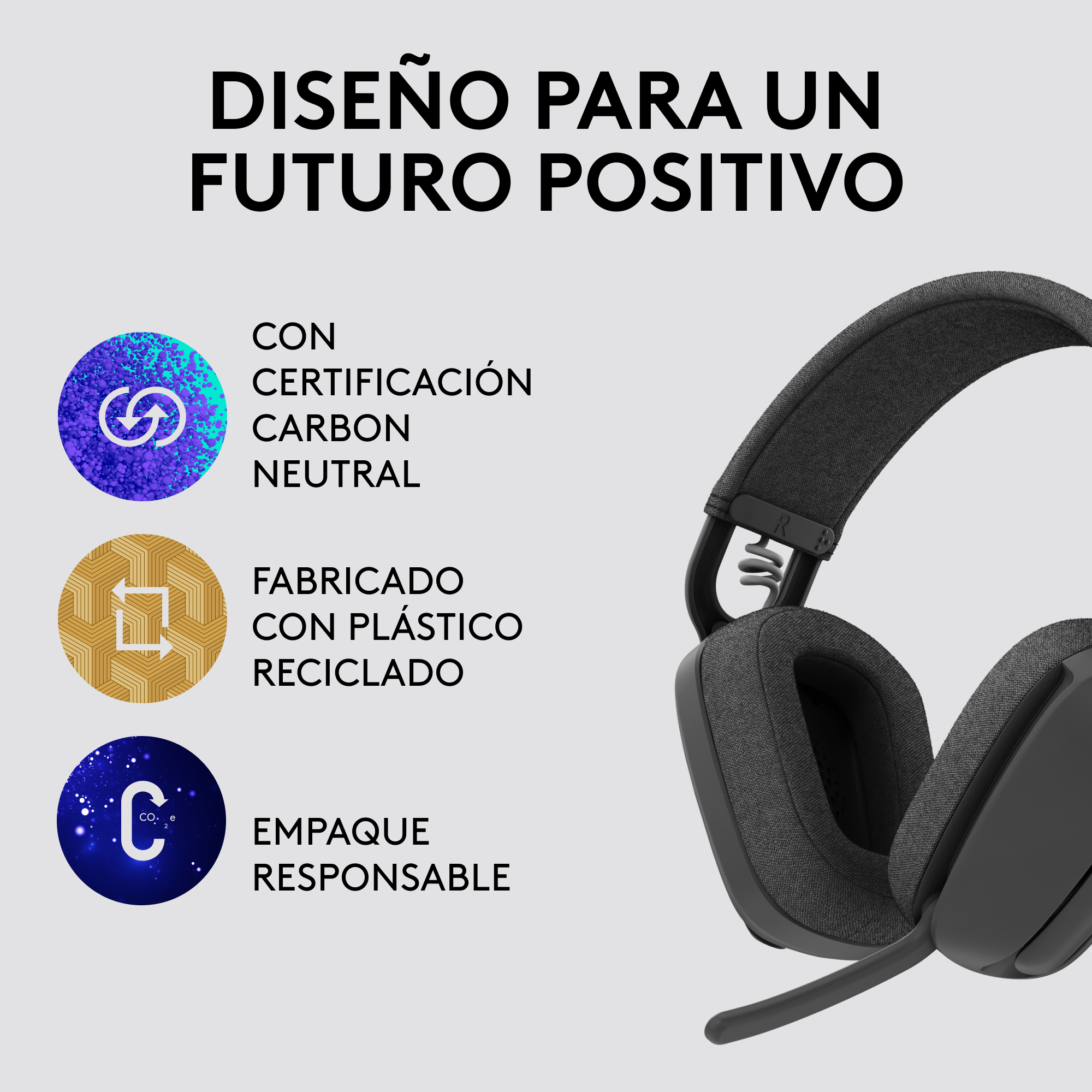 Auriculares con símbolos de reciclaje, carbono neutral y plástico reciclado.