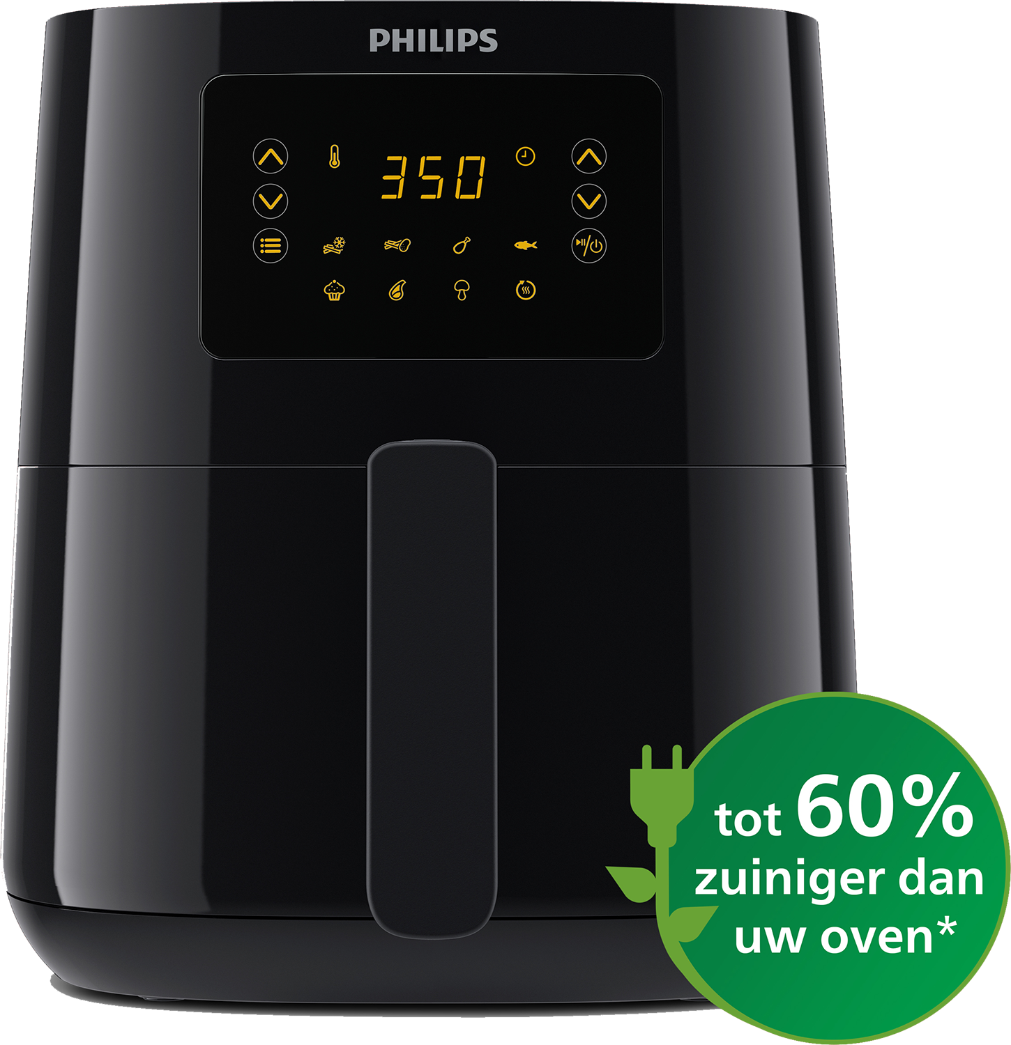Black Philips air fryer with a digital display and a green energy saving sticker.