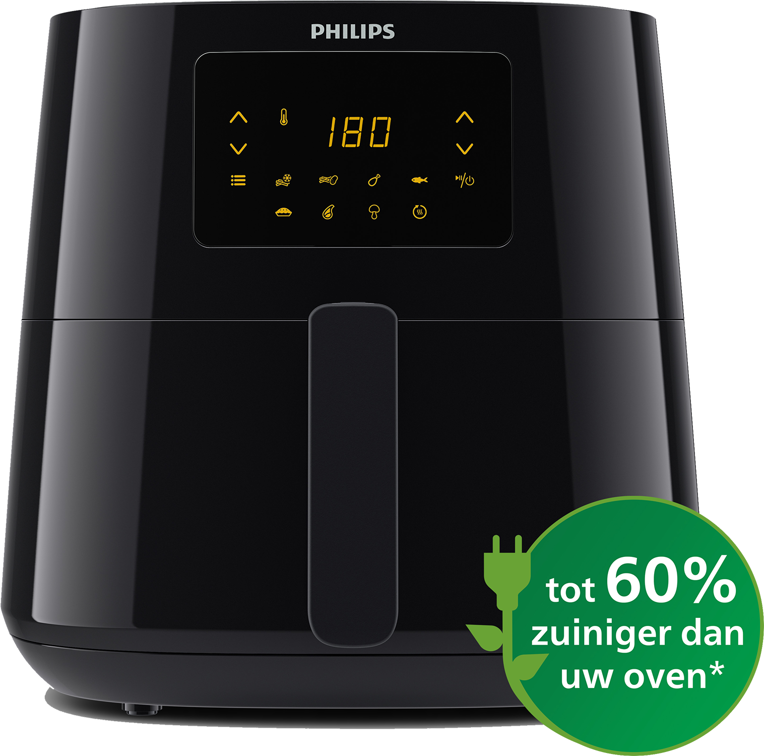 Zwarte Philips airfryer met bedieningspaneel en temperatuur van 180.