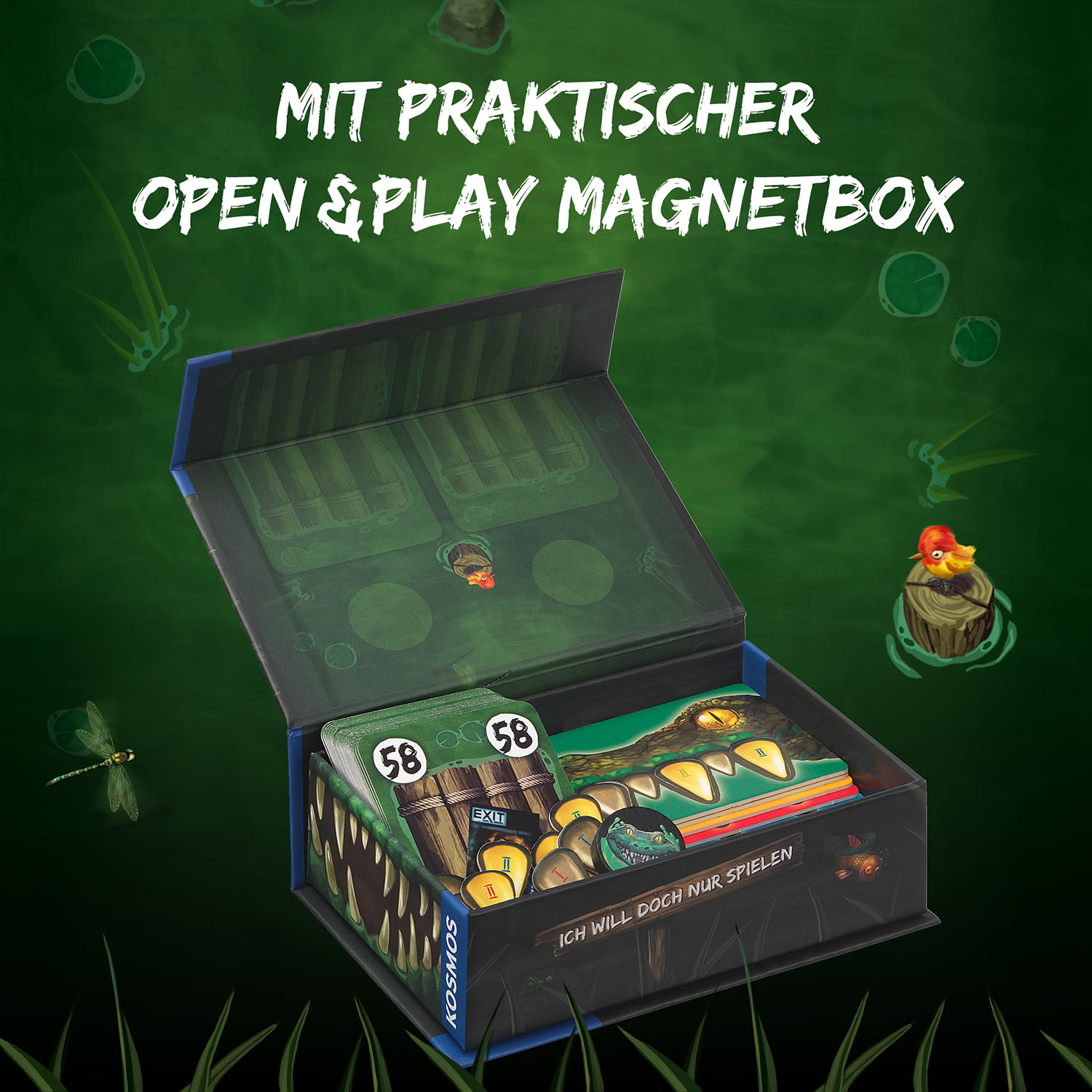 Eine Spielbox mit grünem Hintergrund und Text. Im Inneren befinden sich Karten, Holzstücke und eine Holzente.