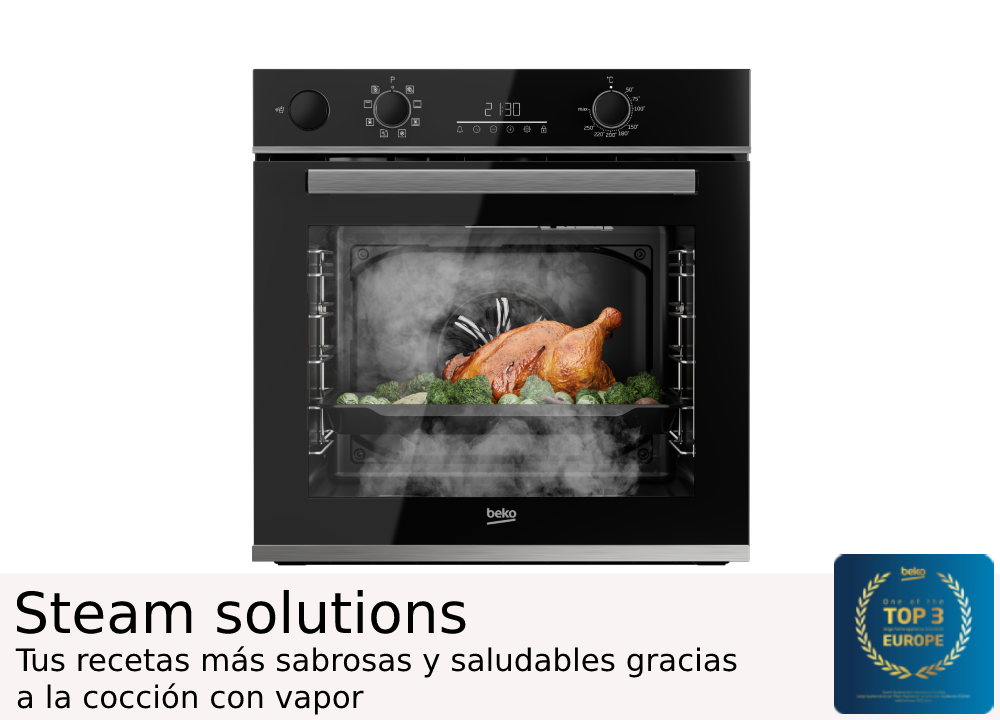 Horno con vapor, pollo cocido y verduras dentro. Exterior negro, fondo blanco.