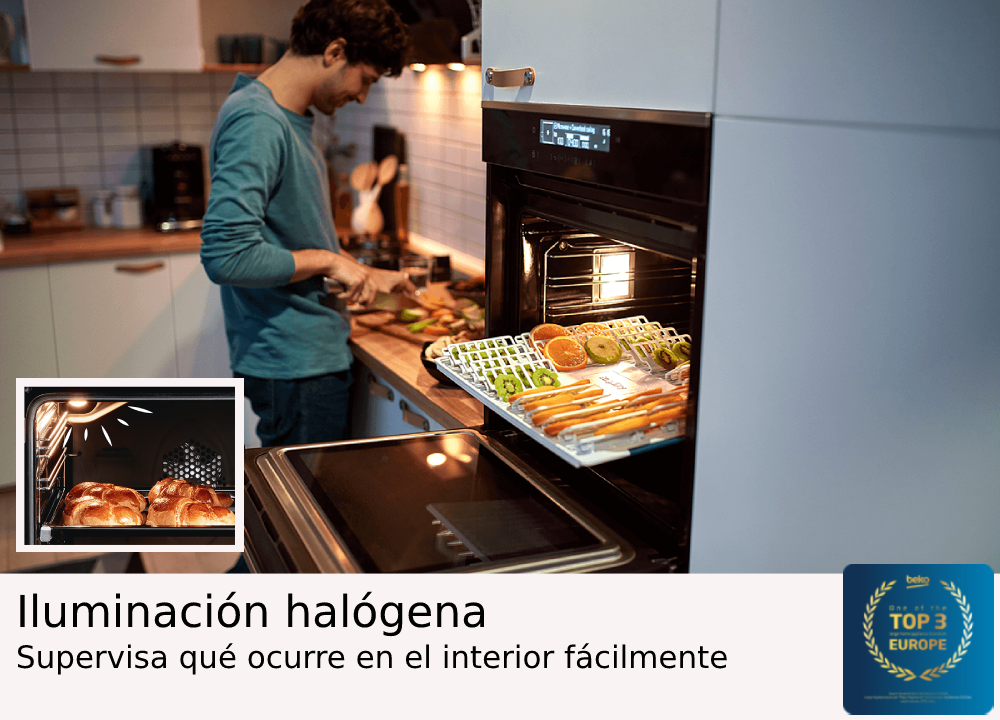 Una persona en la cocina prepara comida, el horno está abierto con comida dentro y un logotipo.
