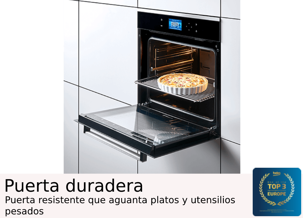 Horno con puerta abierta, mostrando un pastel. Texto en español. Horno negro con fondo blanco.