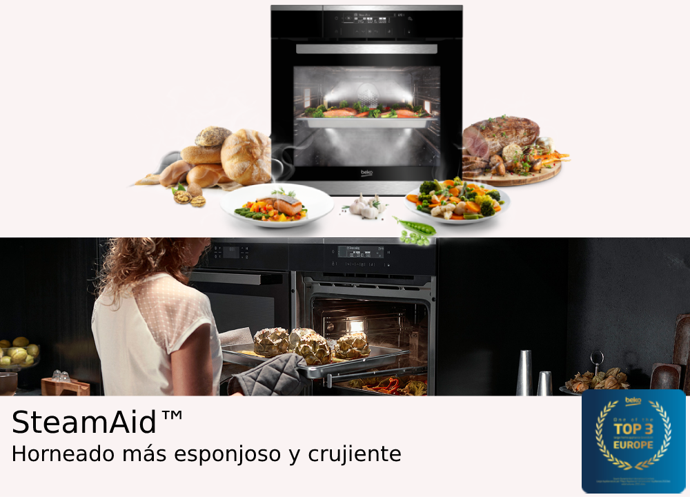 Un horno con comida dentro y una mujer usándolo. Se muestran las palabras 'SteamAid' y 'Top 3 Europe'.