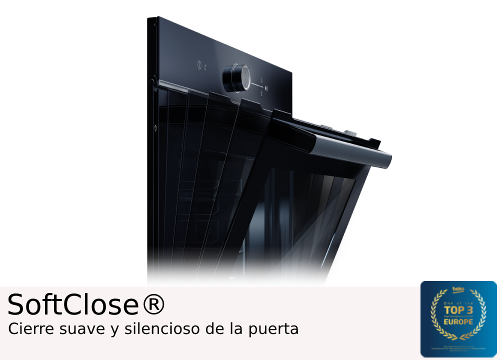 Horno con puerta abierta, diseño negro, el texto: SoftClose y una insignia.