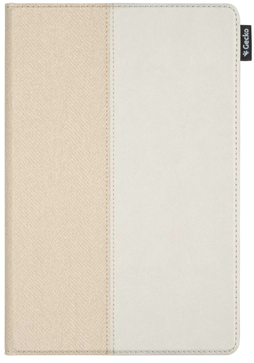 A tablet case with a beige and white color scheme and a Gecko brand tag.