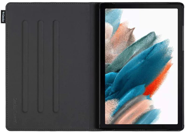 Black tablet with open case, screen showing abstract colors, Gecko logo, grey background.