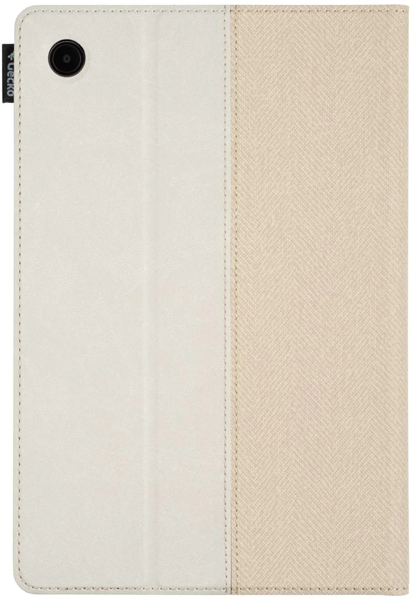 Tablet case, off-white and beige. The right side is beige with diagonal texture.