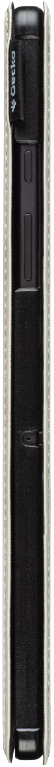 Side view of a black phone in a light-colored case. The case has a textured surface.