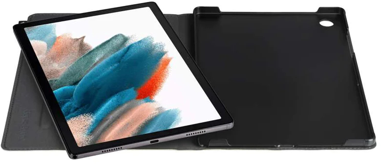 Tablet with case. Tablet on the left, open case on the right. White screen.