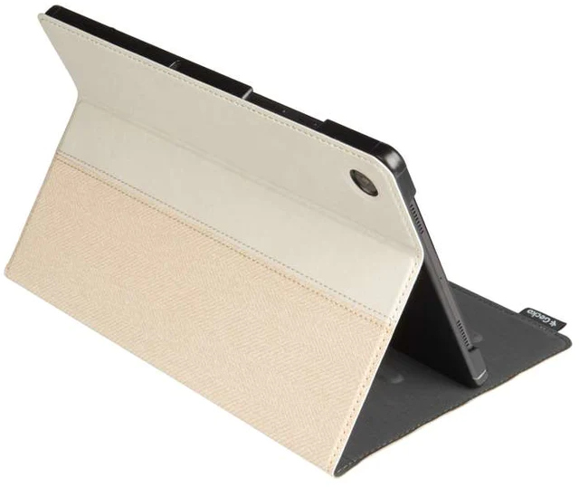 Tablet case, beige and black, with the tablet propped up, showing screen.