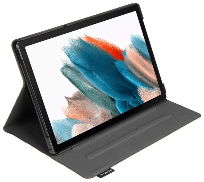Tablet in a grey case, screen displaying a colorful abstract image.