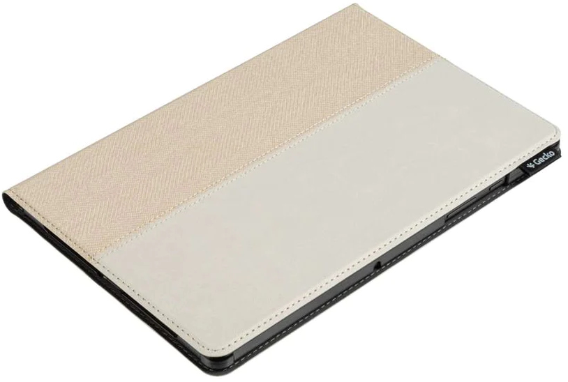 Tablet case. Tan fabric and off-white leather with a black border. Gecko logo.