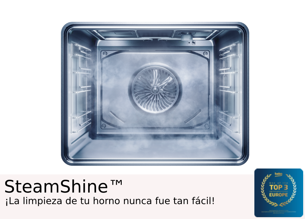Interior de un horno con vapor, se ve un ventilador. El texto inferior dice SteamShine y un logo Top 3 Europe.