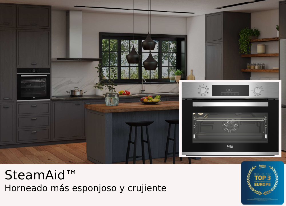 Una cocina con un horno moderno y texto SteamAid con una insignia Top 3 Europe.